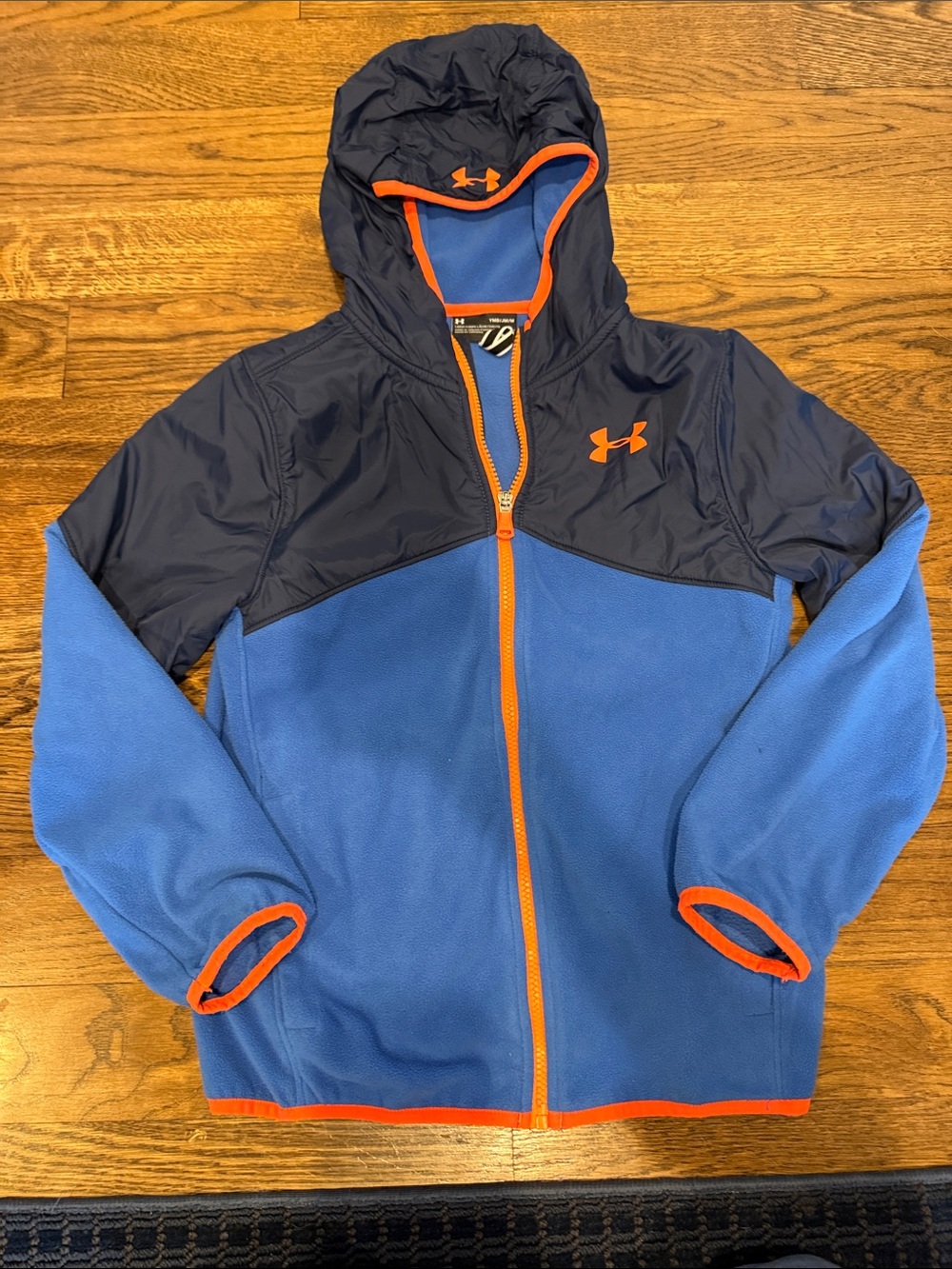 Under Armour Blue & Navy Hooded Kids Puffer Jacket with Orange Trim